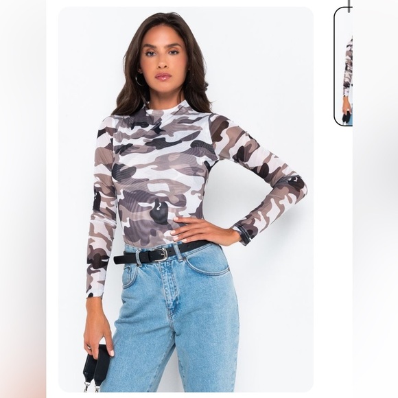 Akira NWOT camouflage mesh semi shear bodysuit crew neck long sleeve size Large - Picture 1 of 11